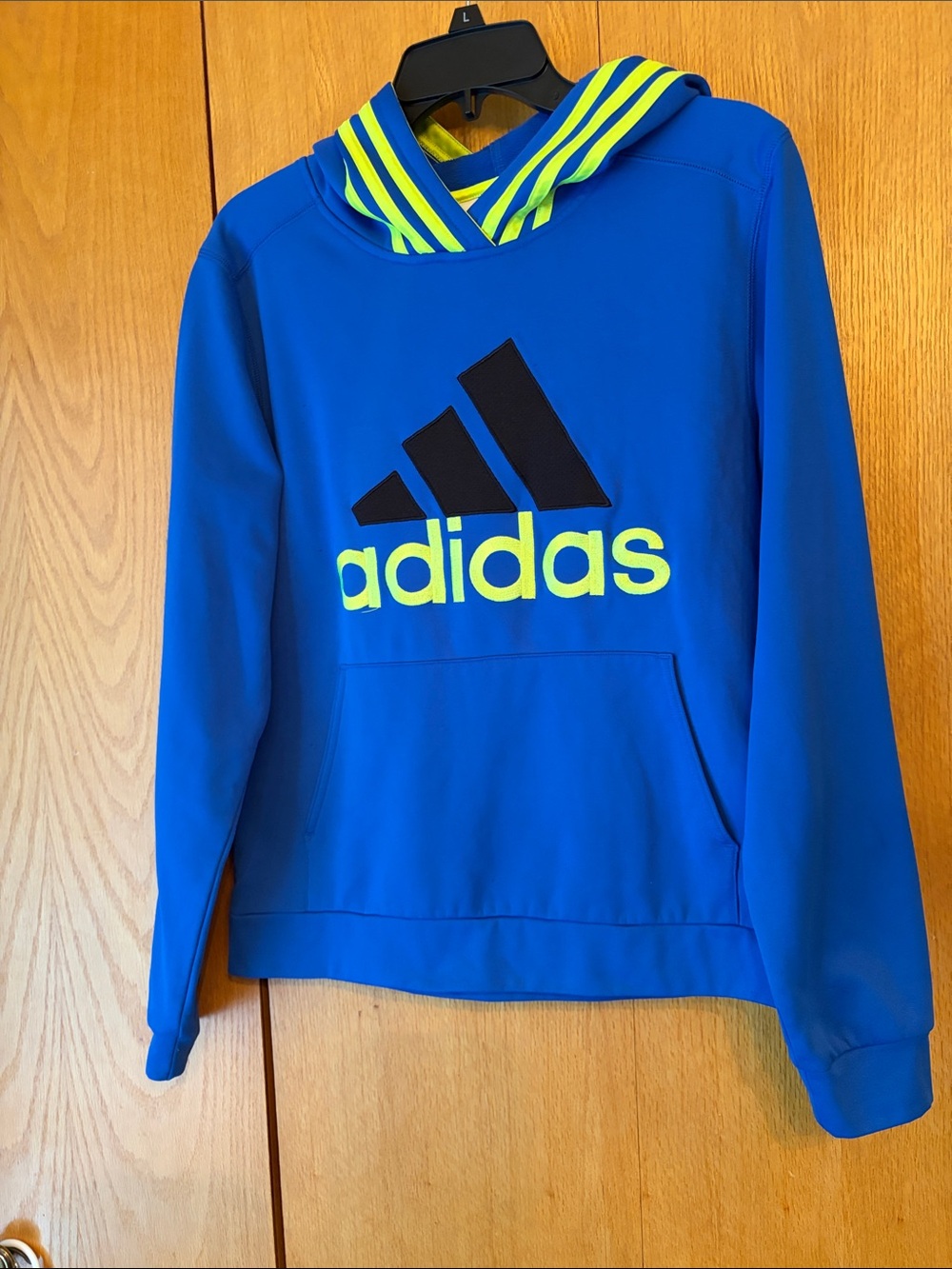 Adidas Boy’s Embroidered Logo Hoodie Size L 14-16 Royal blue black neon yellow